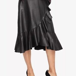 Rachel Black Midi Faux Leather Skirt with Ruffle Detail..NWOT